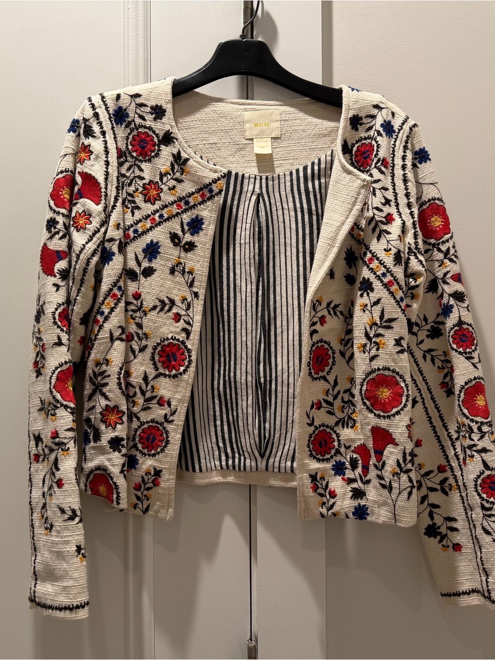 Embroidered Floral Crewneck Jacket- Cream with Red & Blue